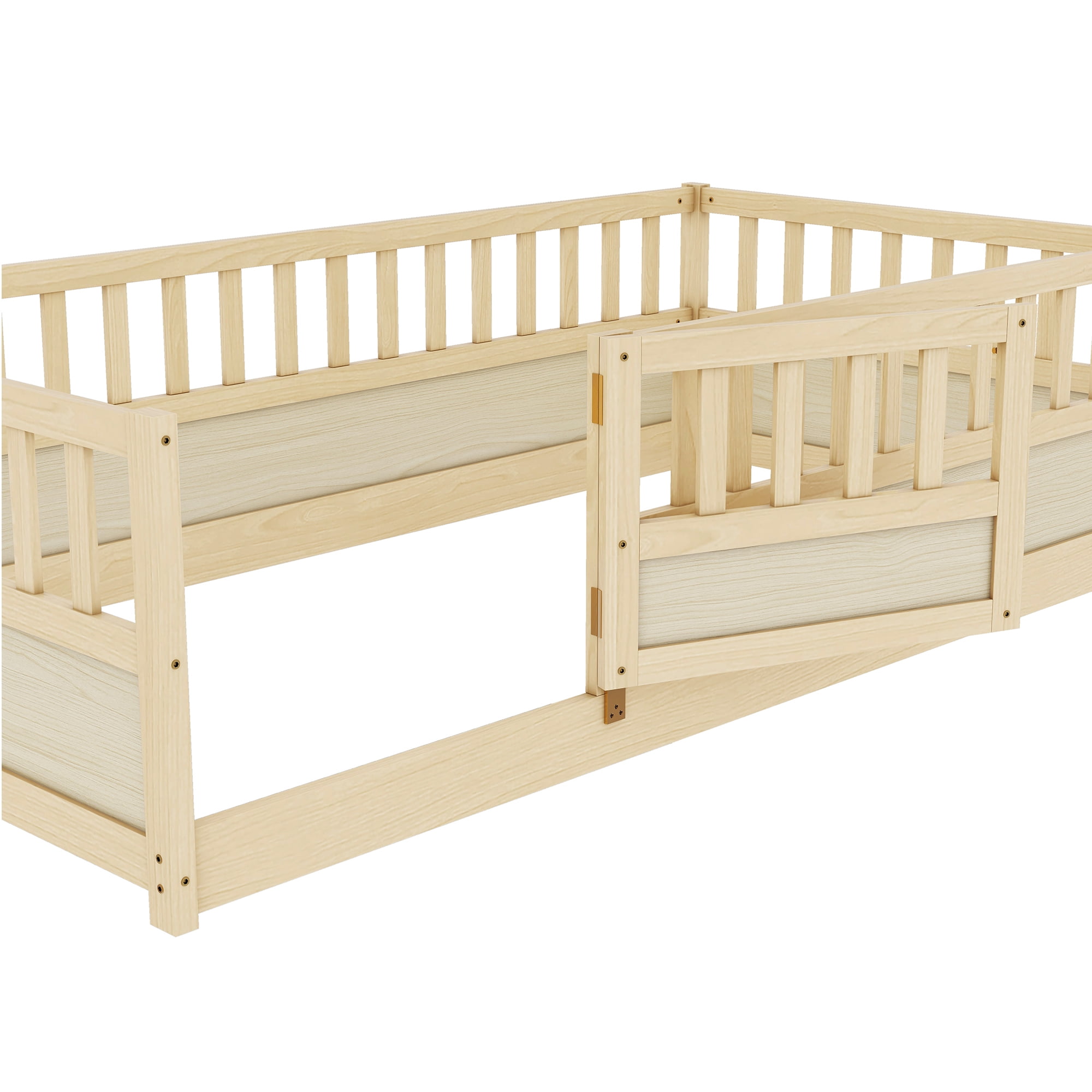 Floor Bed, Low-Profile Bed Frame, Twin Size Bed with Integrated High Safety Barrier and Door, Solid Pine Wood Construction, for Home Use, Natural Wood