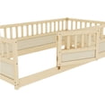 thumbnail image 5 of Floor Bed, Low-Profile Bed Frame, Twin Size Bed with Integrated High Safety Barrier and Door, Solid Pine Wood Construction, for Home Use, Natural Wood, 5 of 11