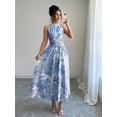 thumbnail image 3 of Blue Watercolor Floral Print Halter Neck Smocked Waist A-Line Maxi Dress For Women, 3 of 8