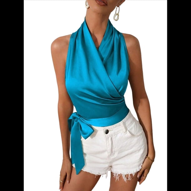 Blusa de Satén para Mujer, Cruzada, con Cuello en V, Sin Mangas, con Lazo Lateral, Elegante Top Corto de Verano. Azul M