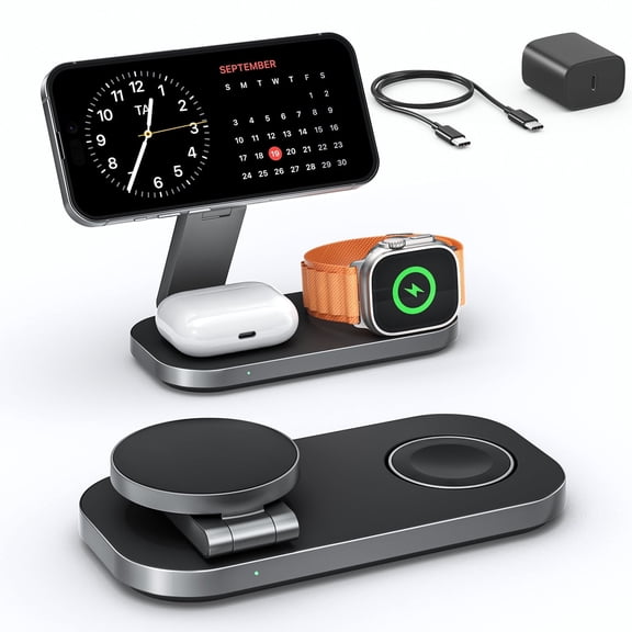 Waloo Foldable 3 in 1 Wireless Charger Stand for Apple Magsafe, iPhone 17‑12 Series, AirPods Pro, Apple Watch