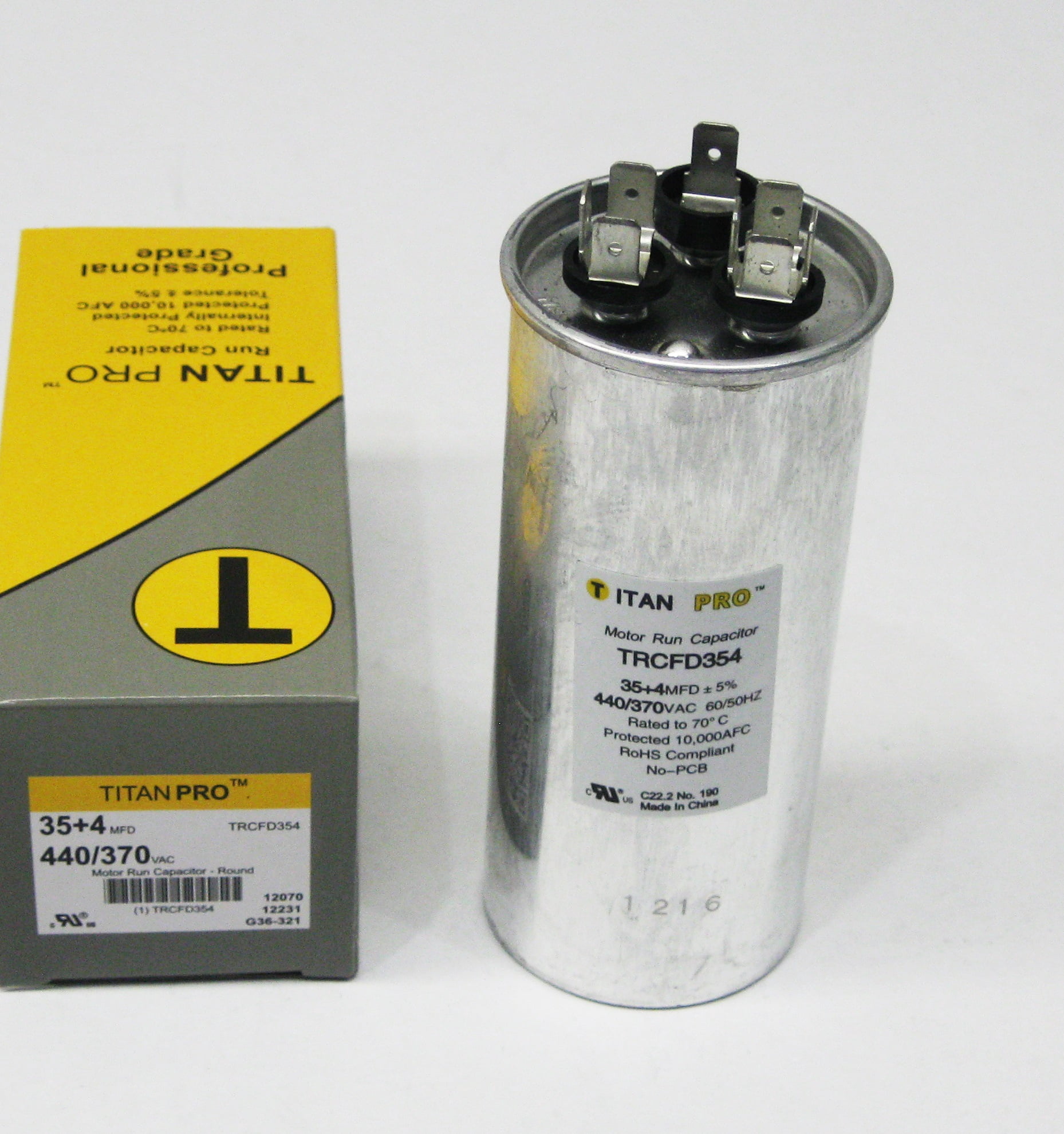 TitanPro TRCFD6075 Dual Run Capacitor 60/7.5 MFD 440/370V – For HVAC Motors, By Packard
