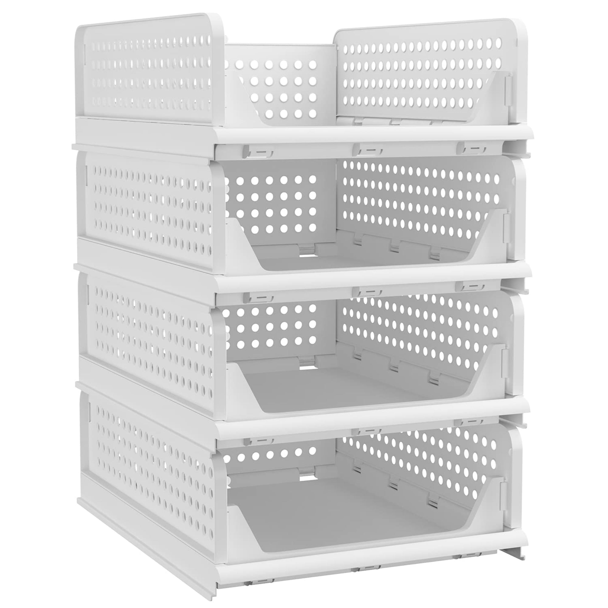 Phyllia 4 Pack Closet Basket Shelf Storage Bins Plastic Super Large Capacity Collapsible Kid Toy Rack White for Kitchen Cabinets Pantry Offices Bedrooms