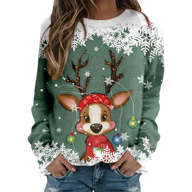 WEAIXIMIUNG Chandails en Molleton Courts pour Femmes, Pulls de Noël Tendance pour Femmes, Mode, Manches Longues, Col Rond, Graphique Renne Mignon, Chemises de Noël (4)