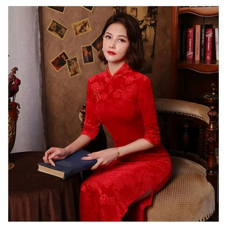 SMDSAZ Red Velvet Cheongsam Qipao, 3/4 Sleeve Slim Long Mandarin Collar Evening Dress - Walmart.com SMDSAZ Red Velvet Cheongsam Qipao, 3/4 Sleeve Slim Long Mandarin Collar Evening Dress - Walmart.com