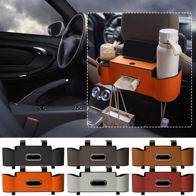 Organizador de respaldo de asiento de coche de piel de cordero con caja de almacenamiento, portavasos y ganchos para teléfonos, llaves y más - Ajuste universal para la mayoría de los vehículos