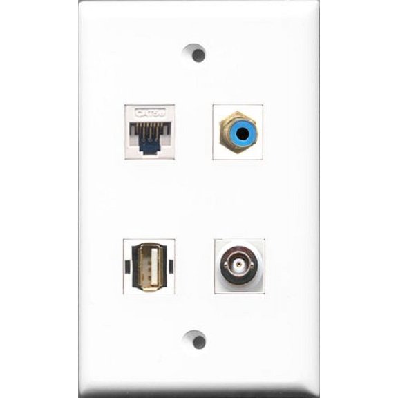RiteAV 1 Port RCA Blue and 1 Port USB A-A and 1 Port BNC and 1 Port Cat5e Ethernet White Wall Plate