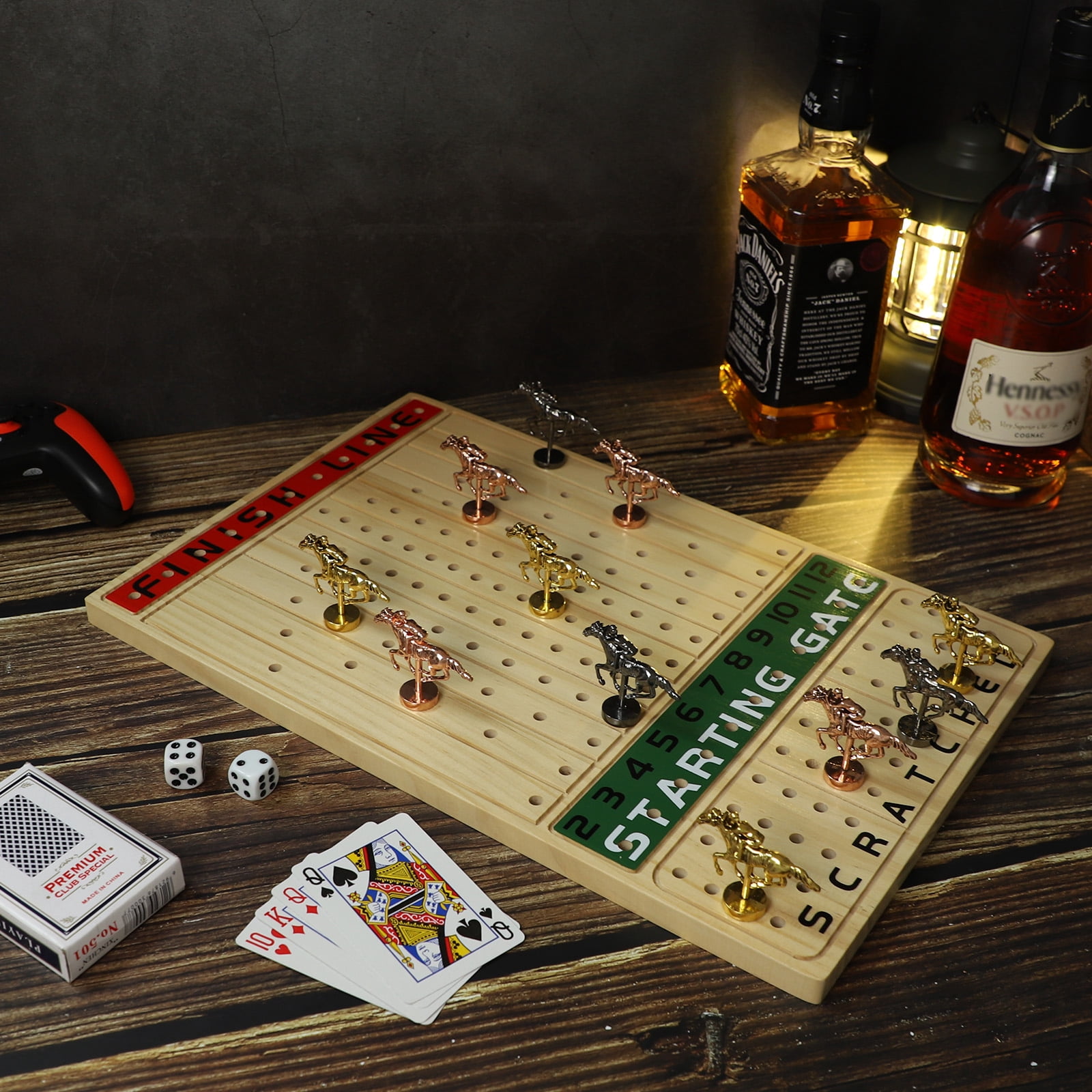 Wood Horse Race Board Game Set, 15.6" x 10", 2-11 Players, 11 Metal Horses, Dice & Cards