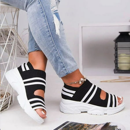 

HIBRO Women Ladies Peep Toe Wedge Sandals Cusual Canvas Slip On Breathable Shoes