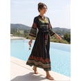 thumbnail image 4 of Women's Boho Embroidered Maxi Dress Long Sleeve V Neck Floral Printed Belted Swing Vacation Dress, 4 of 10