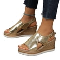 thumbnail image 3 of Gold Womens Wedge Sandals With Solid Color Round Toe Open Toe Buckle Design Casual Slip On Comfortable For Daily Use, 3 of 9