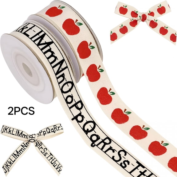 TUWAFE School Ribbon for Crafts 2 Pack,5/8 Inch X 5 Yards Cotton Apple Alphabet Back to School Ribbon for Hair Bows Gift Wrapping Teacher Gifts