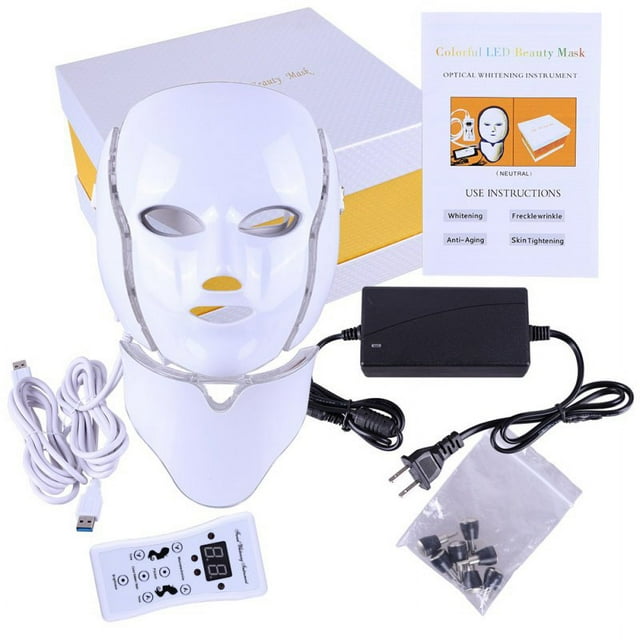 Masque Facial Électrique à Photons LED 7 Couleurs avec Masque pour le Cou - Rajeunissement de la Peau à Lumière de Photons, Élimine l'Acné, les Rides et les Taches de Rousseur, Raffermit la Peau, Anti-âge, Instrument de Beauté