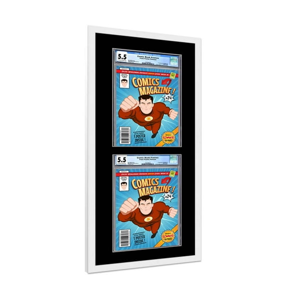 Comic Book Frame with Mat for 2 Graded Comics - White Wood Comic Frame With Black Mat for 8.125x13