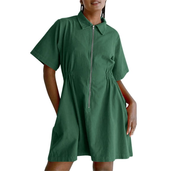 asdoklhq Overall Dress for Women Fashion Women Zipper V-Neck Summer Solid Short Sleeve Mini Dress Green M