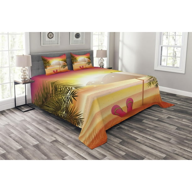 Orange Bedspread Set, Sunset at the Beach with Flip Flops Umbrella and
