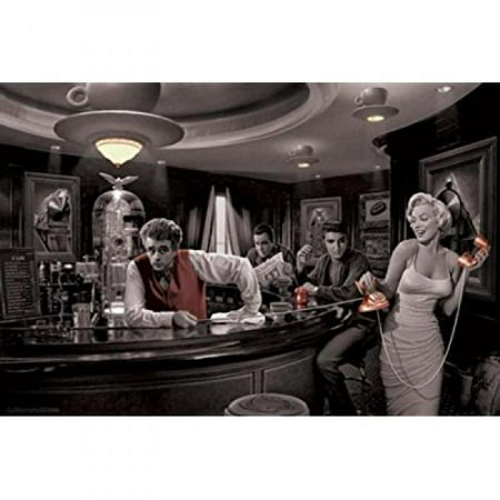 Java Dreams with James Dean Marilyn Monroe Elvis Presley and Humphrey Bogart by Chris Consani 36x24 Art Print Poster Wall Decor Celebrity Movie Stars At Coffee Bar Icons Hollywood by Scorpio Posters