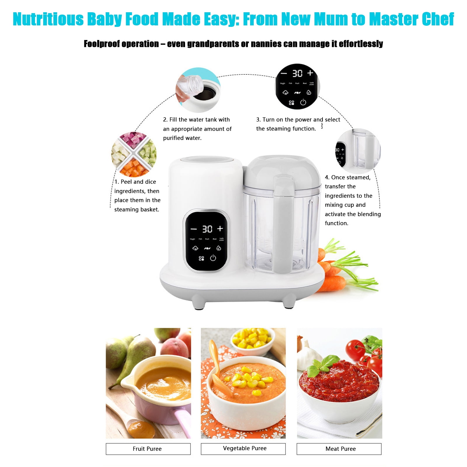 Baby Food Maker, One Step Baby Food Processor Steamer Puree Blender, Multi-Function Steamer Grinder Blender Auto Cooking & Grinding Baby Food Puree Maker, Touch Screen Control, White