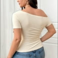 thumbnail image 4 of IAIKUO Women's Plus Size XXL Off Shoulder Top - Asymmetric Ruched,Cream, 4 of 8