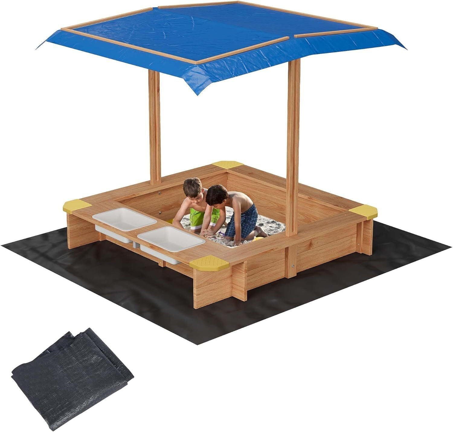 Volowoo Wooden Sandbox With Canopy - Convertible Cover Turns Into Benches, Outdoor Kids Play