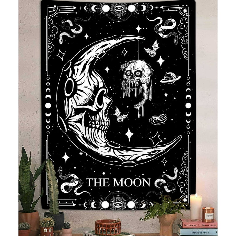 Gothic Tarot Moon Tapestry, Trippy Witchy Black and White Skull