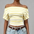 thumbnail image 6 of yillto Women off Shoudler Tops Striped Short Sleeve Shirts Casual Tunics Tees Ruched Slim Fashion Outfits, 6 of 7