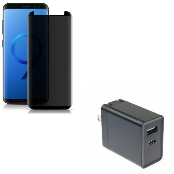 Compatible With Samsung Galaxy S9 - Anti-Peep Tempered Glass Privacy Screen Protector 3D w 30W 2-Port Dual USB Home Wall Charger w PD Type-C Fast Port
