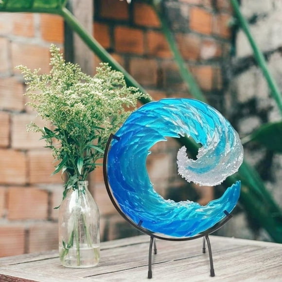 Popvcly Ocean Wave Art Crafts,Ocean Wave Sculpture with Bracket,Gradient Blue Ornaments for Home Desktop Decor