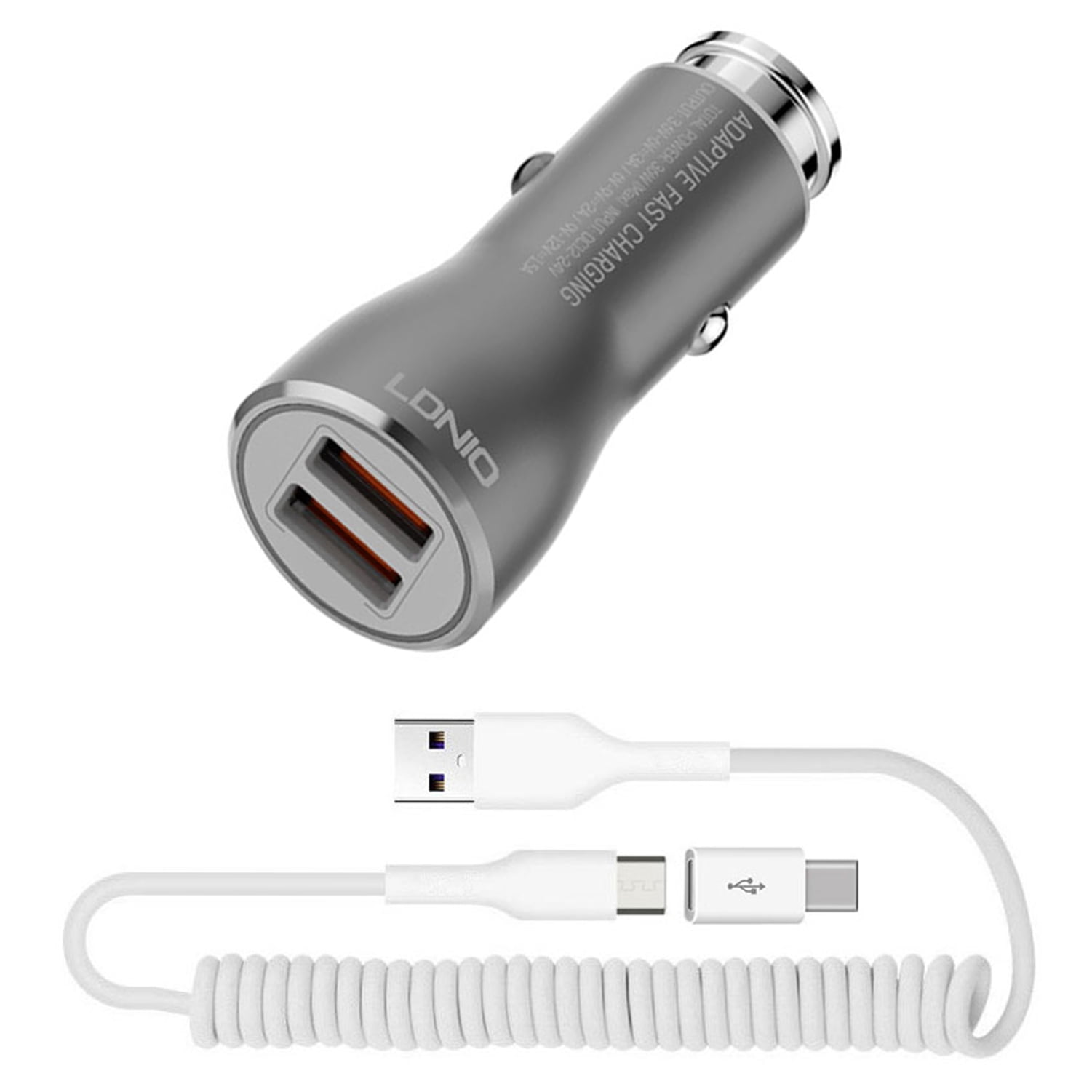 36W Fast Car Charger for Samsung Galaxy S24 Ultra/Plus - 2-Port USB Coiled Cable Type-C Quick Charge DC Socket