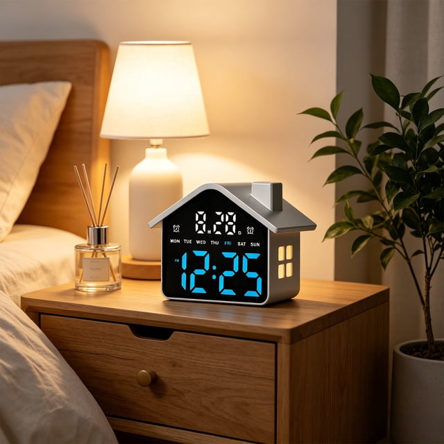 CaiYueKe House Shaped LED Alarm Clock, Large Display Digital Clock with Night Light, Multi-Functional Electronic Clock, Dual Alarm Clock with Snooze, USB Powered Desk Clock, Bedside Table Clock