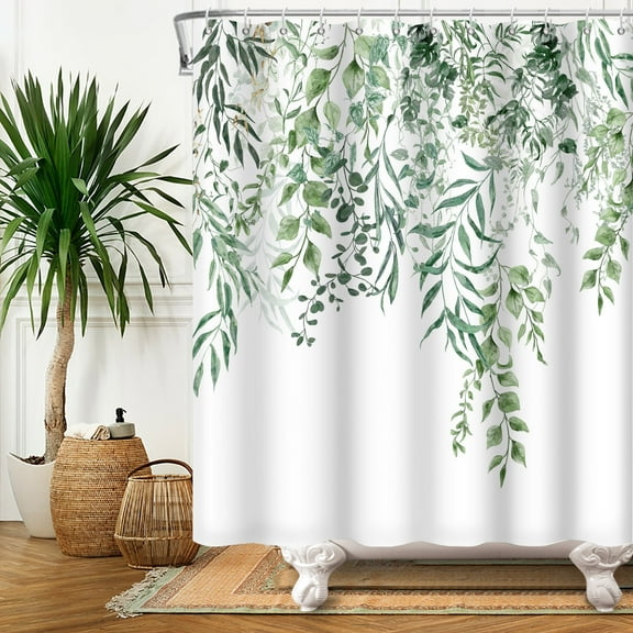 Green Leaves Shower Curtain,Spring Plants Waterproof Fabric Bathroom Curtain with Hooks,72x72 in