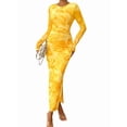 thumbnail image 3 of Women'S Bodycon Maxi Dress Fashion Long Sleeve Floral Print Tight Fitted Party Club Ruched Dresses Yellow XL, 3 of 10