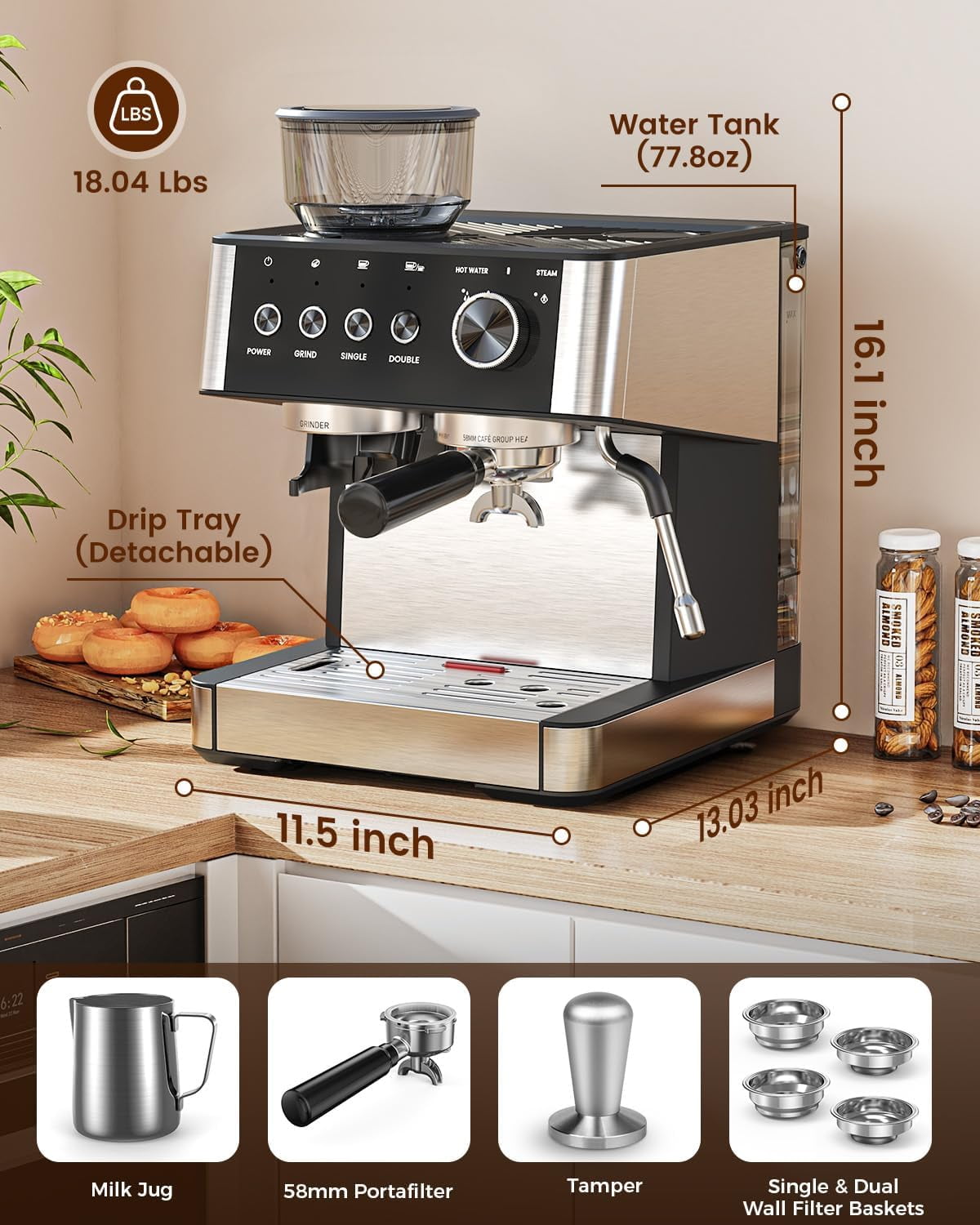 FREE VILLAGE Coffee Maker with Grinder, 20 Bar Expresso Coffee Machines with Milk Frother Steam Wand,Professional Espresso Maker with Removable Water Tank,Cappuccino & Latte Machine for Home