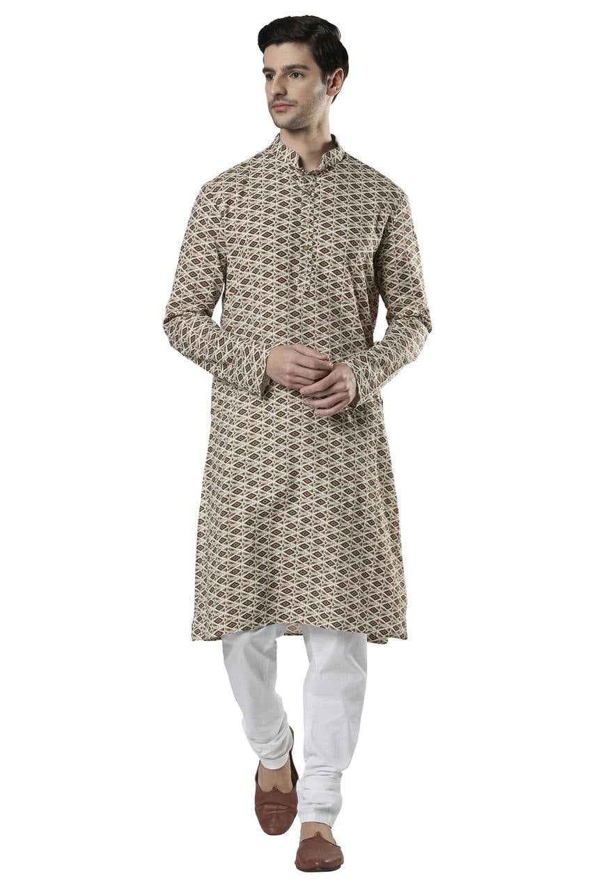 Ethnix Men's Banded Collar AllOver Diamond Print Indian Kurta Tunic
