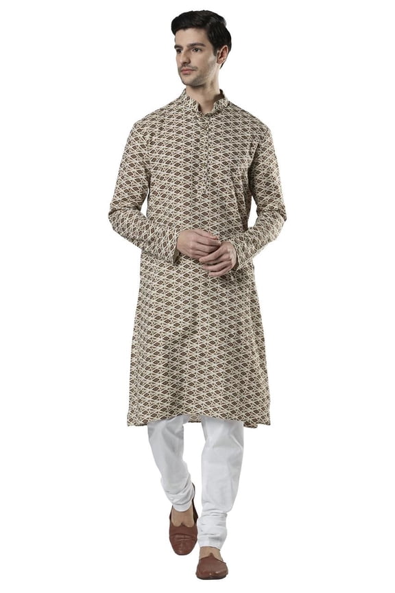 Ethnix Men's Banded Collar All-Over Diamond Print Indian Kurta Tunic Pajama Set; Beige; SM