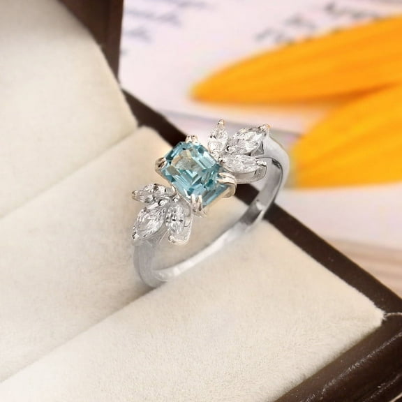 Aquamarine Sterling Silver Engagement Ring, Diamond Art Deco Women Ring, Marquise Unique Ring Gemstone Ring Anniversary Ring.