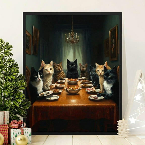 Cat Dinner Party Wall Art, Funny Cat Print For Kitchen, Dining Room Decor, Black Cat Poster, Whimsical Kitten Artwork Gift NO FRAMED POSTER