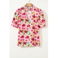 thumbnail image 2 of Women's Pink Floral Frilled V-Neck Blouse – Casual Puff Sleeve Top for Summer Outings, XL, 2 of 11