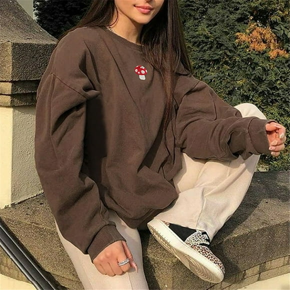 Women Pullover Sweatshirt Fashion Long Sleeve Mushroom Embroidery Sweater Tunic Casual Neck Loose Tops Blouses
