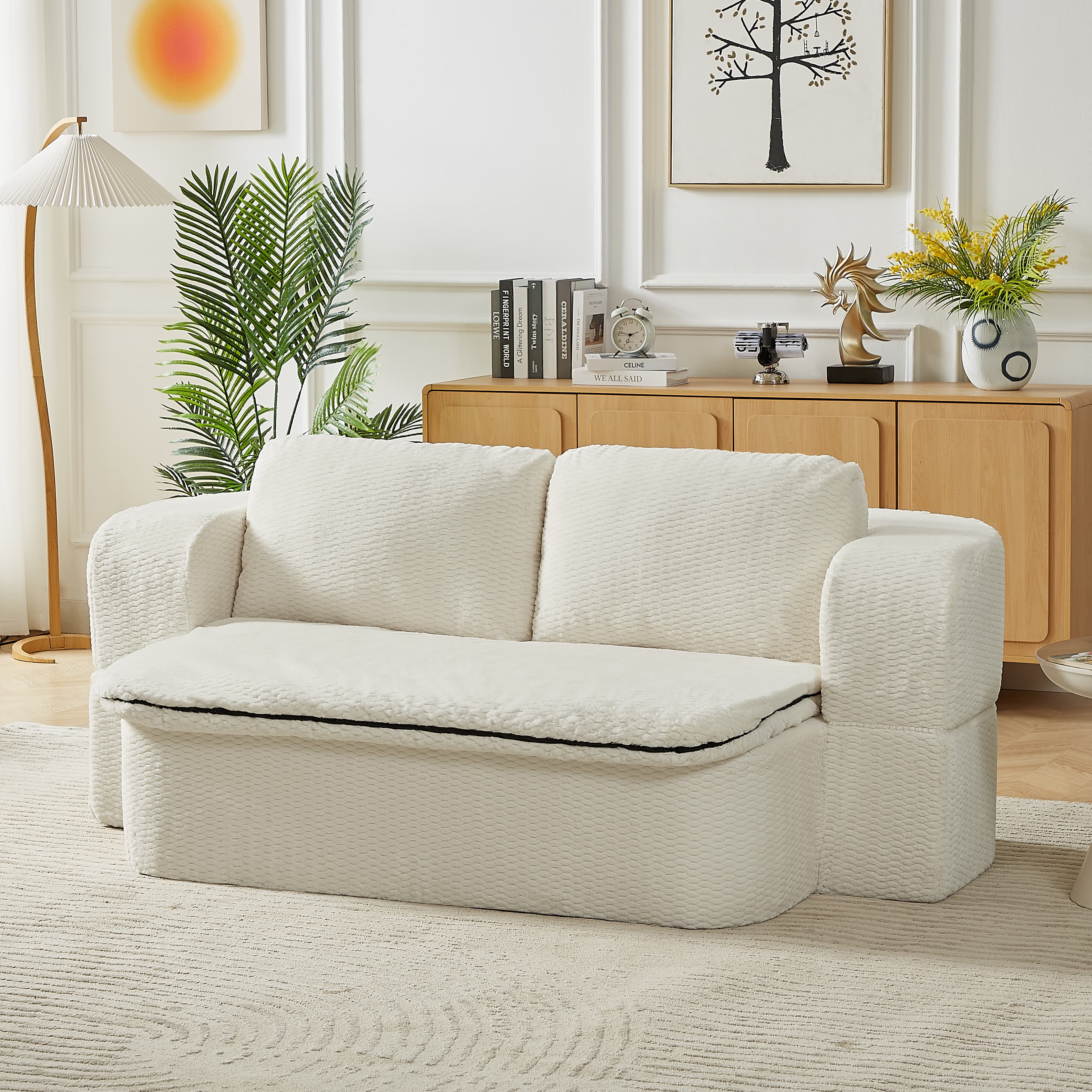 Aukfa Full Size 2-in-1 Convertible Sofa Bed – Pull-Out Futon with Blanket, Space-Saving Sofa for Living Room/Guest Room, No Assembly,Cream