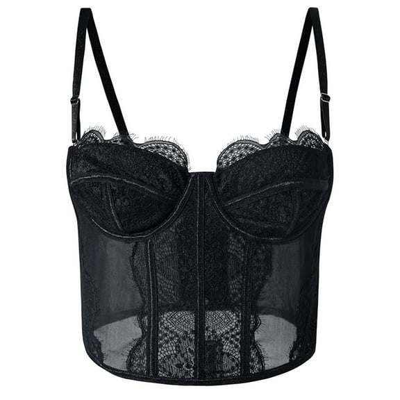 Jinhomg Womens Sexy Lace Bustier Sheer Mesh Corset Bodysuit Spaghetti Strap Cami Top Y2K Crop Tops Party Clubwear Limited Time Deal Black S