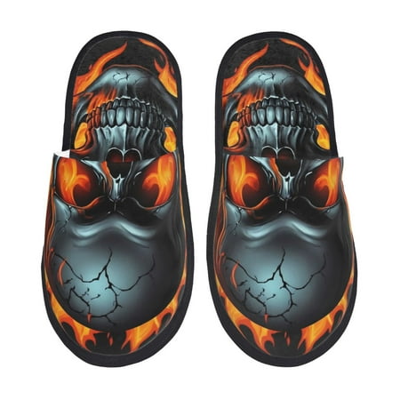 Balery Flame Metal Skull Slient Indoor Furry Fleece Comfort House Shoes Soft Non-Slip Home Shoes Cotton slippers House Slippers-- Medium