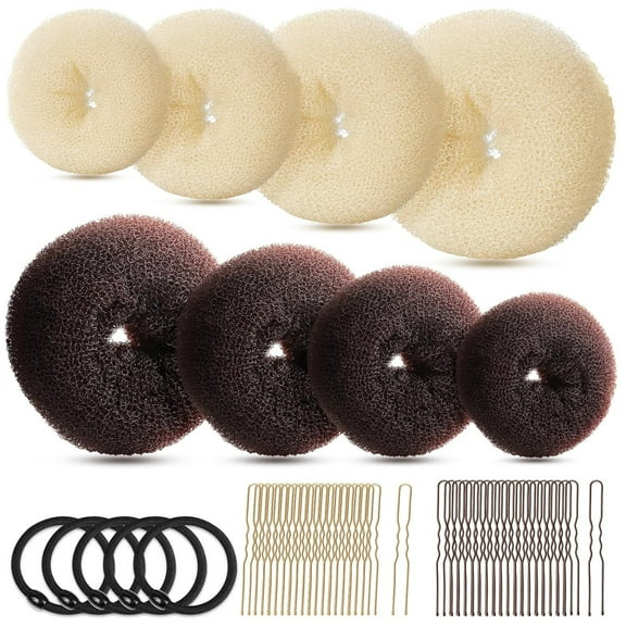 LQQBOX Hair Bun Maker Set, Donut Bun Maker Set With 4pcs Dark Brown &4pcs Beige(2 extra-large,2 large,2 medium and 2 small), 5 pieces Hair Elastic Bands, 40 pieces Hair Bobby Pins (Brown and Gold)
