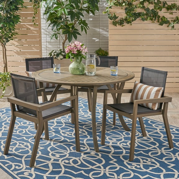 GDF Studio Estrada Outdoor Mesh and Acacia Wood 5 Piece Dining Set, Gray and Black