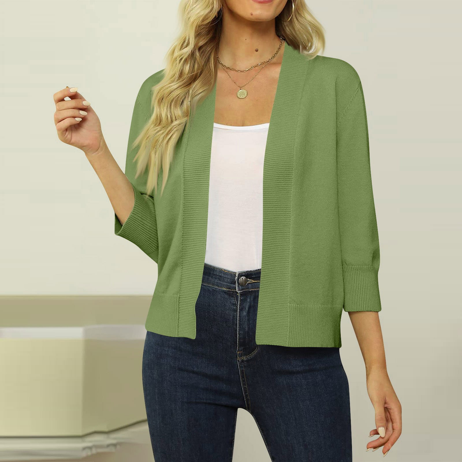 Women's Lightweight 3/4 Sleeve Cardigan - Open Front Draped Sweater With Pockets