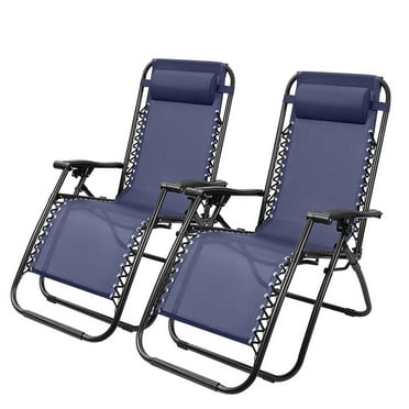 Patio Zero Gravity Chair, Outdoor Folding Adjustable Reclining Chairs, Pool Side Using Lawn Lounge Chair with Pillow, Set of 2 (Dark Blue)