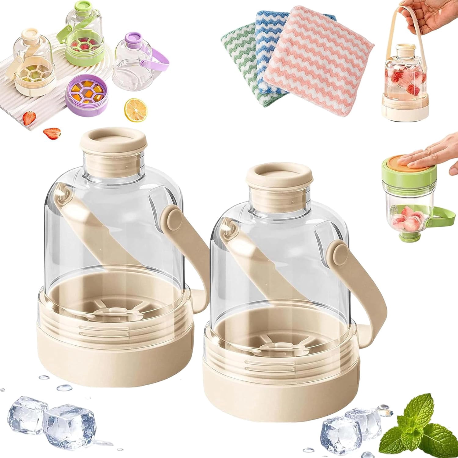 Multifunctional Transparent Water Bottle Ice Maker with Ice Tray, Ice Tray Water Bottle in One, Portable Iced Coffee Cup for Outdoor Travel Camping Home Office (Purple + White + Green)