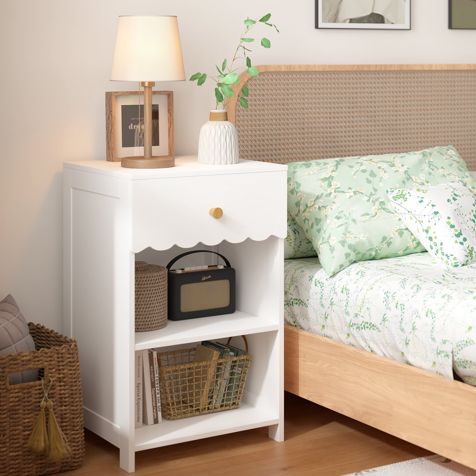 Yoneston Elegant 3-Tier Open Shelf Nightstand with Drawer Storage for Kid's Room Bedside Bedroom, Snow White
