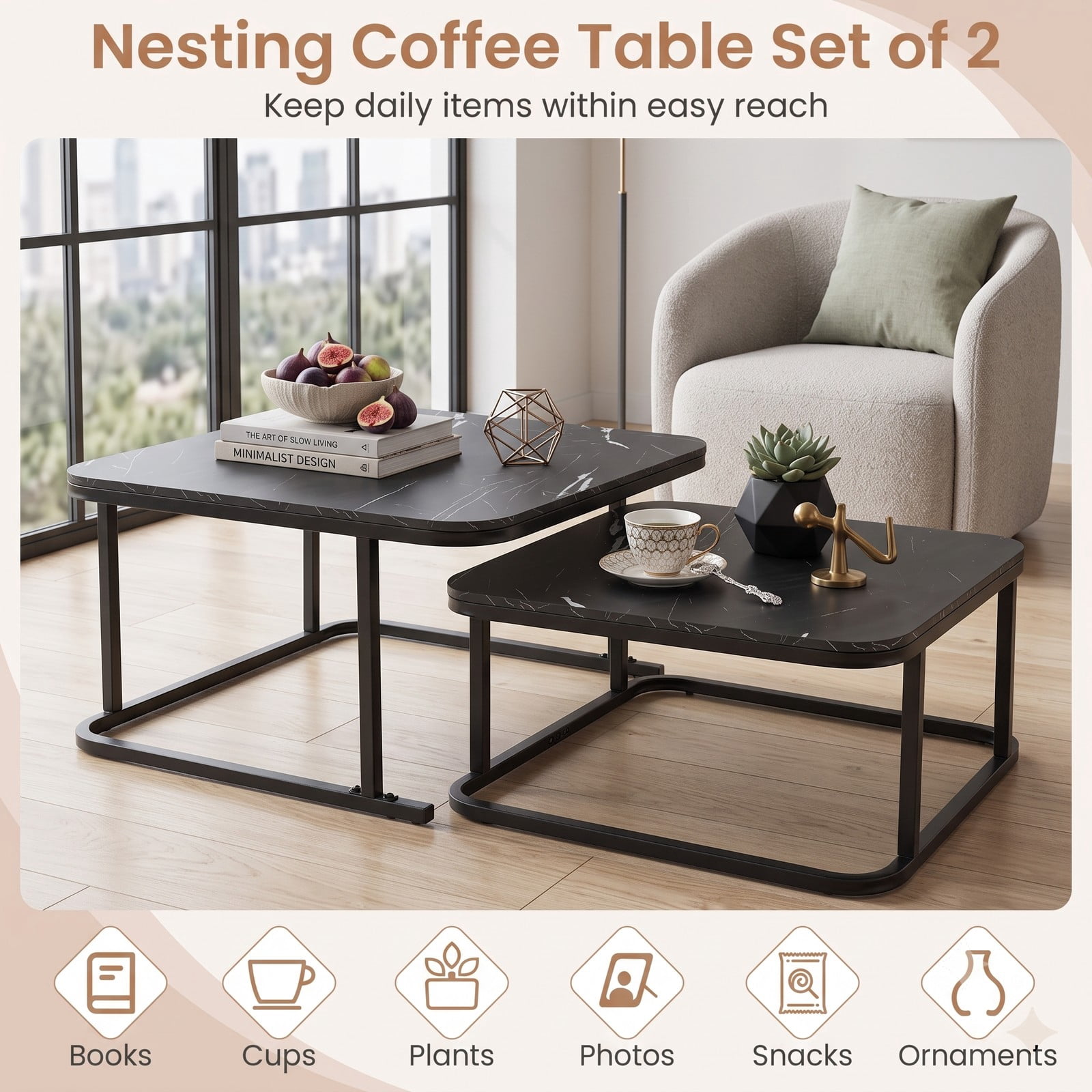 Furnibear Nesting Coffee Table Set of 2, Faux Marble Top Cocktail Tables with Powder-Coated Metal Frame, Stackable Space-Saving Round-Corner Side End Tables for, Black
