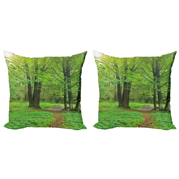 Ambesonne Forest Throw Pillow Cover 2 Pack, Summer Trees Tranquil, 18", Fern Green Brown